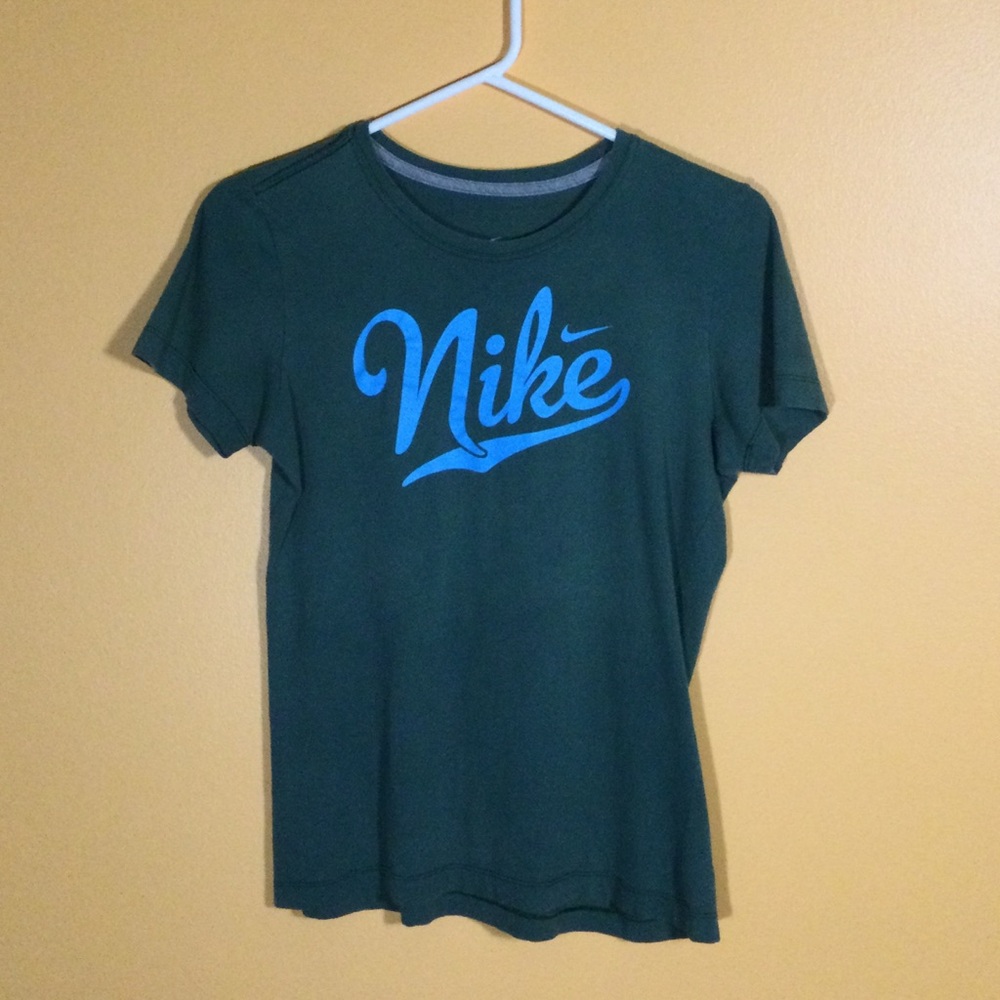 Nike Dark Green Short Sleeve Tee with Bright Blue Script Logo
